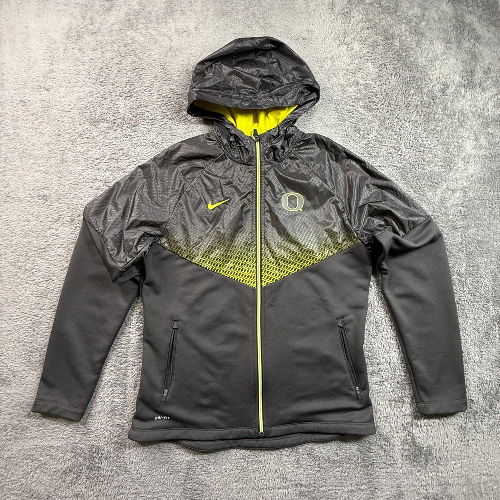 Nike Oregon Ducks Track Jacket Womens L Gray Yellow Excellent Hooded Windbreaker